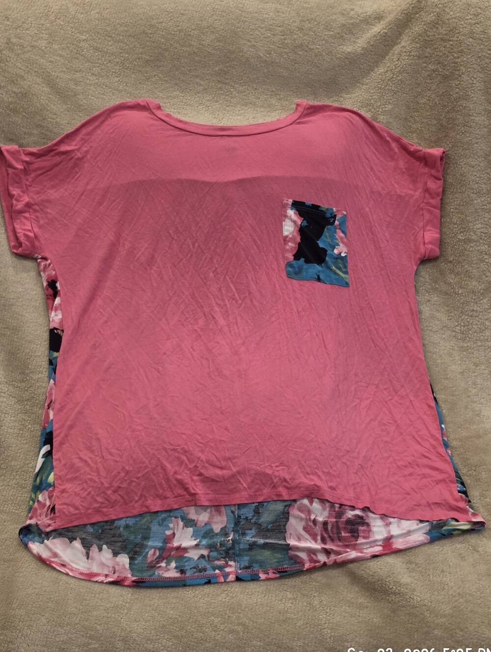 Honeyme Pink Short Sleeve Tee with Floral Back and Pocket